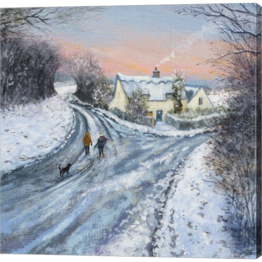 Cottage Snow and Pink Sky by Lucy Grossmith, Canvas Art