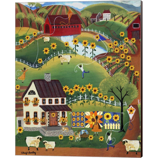 Primitive Quilt Maker House Sunflower Sheep by Cheryl Bartley, Canvas Art