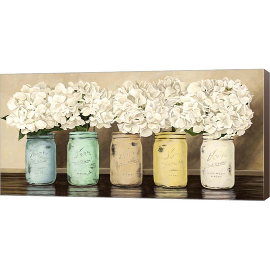 Hydrangeas in Mason Jars by Jenny Thomlinson, Canvas Art