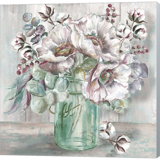 Blush Poppies and Eucalyptus in Mason Jar by Tre Sorelle Studios, Canvas Art