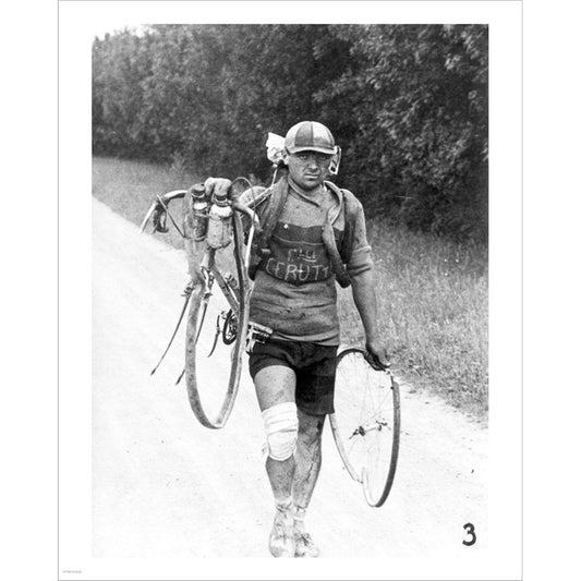 Italian Giusto Cerutti has a broken wheel after a fall. Tour de France 1928 by Unknown, Unframed Print