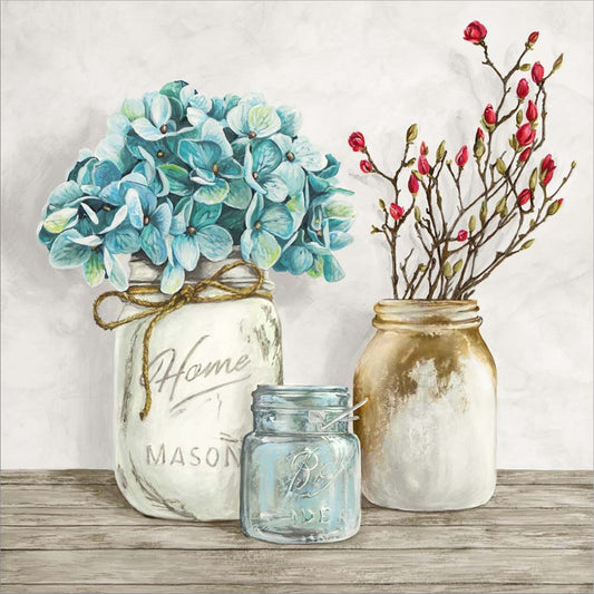 Floral Composition with Mason Jars I by Jenny Thomlinson, Unframed Print