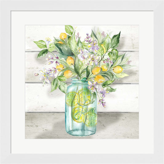 Watercolor Lemons in Mason Jar on shiplap by Tre Sorelle Studios, Framed Art