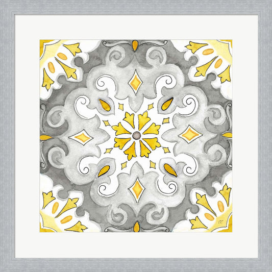 Jewel Medallion yellow gray I by Cynthia Coulter, Framed Art