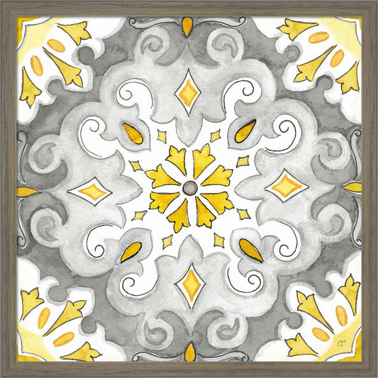 Jewel Medallion yellow gray I by Cynthia Coulter, Framed Art