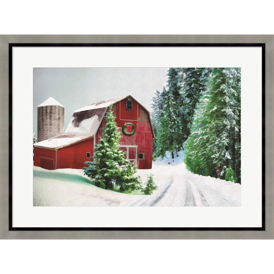 Winter Pines Red Barn by Dogwood Portfolio, Framed Art