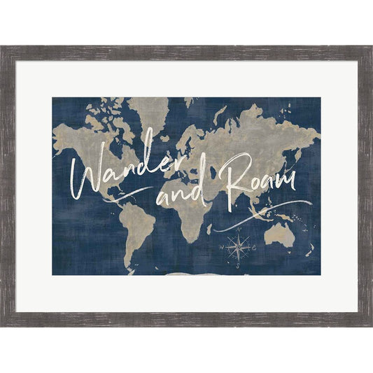 World Map Collage Deep Wander by Sue Schlabach, Framed Art