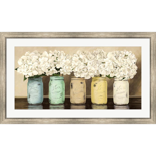 Hydrangeas in Mason Jars by Jenny Thomlinson, Framed Art