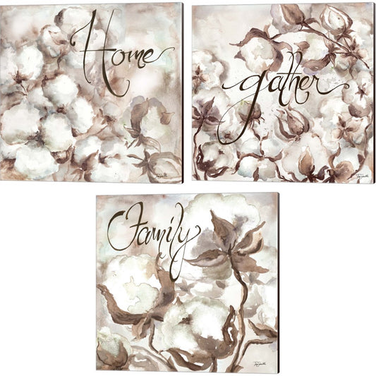 Cotton Boll Triptych Sentiment (Home) by TRE Sorelle Studios, 3 Piece Canvas Art Set