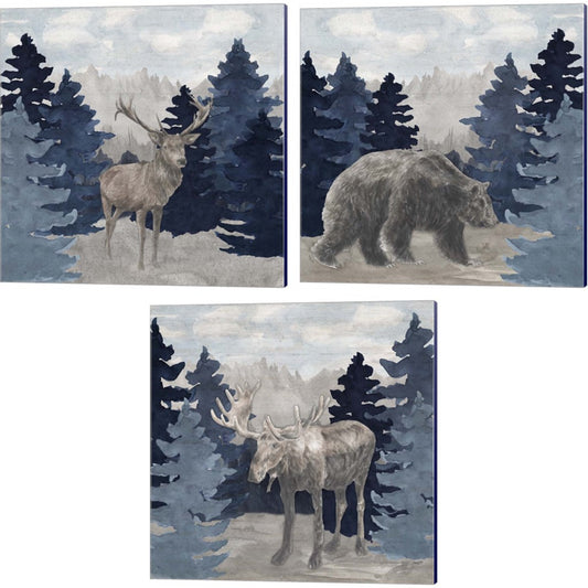 Blue Cliff Mountains Scene - Deer, Bear, Moose by Tara Reed, 3 Piece Canvas Art Set