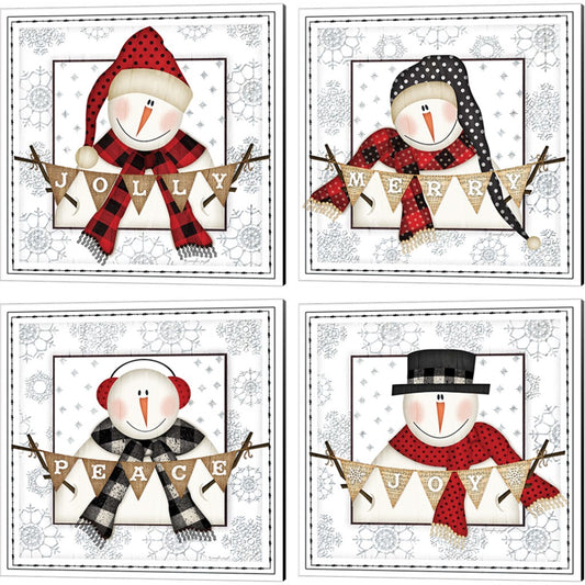 Jolly, Merry, Joy & Peace Snowmen B by Jennifer Pugh, 4 Piece Canvas Art Set