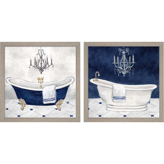 Navy Blue Bath by Cynthia Coulter, 2 Piece Rustic White Framed Art Set