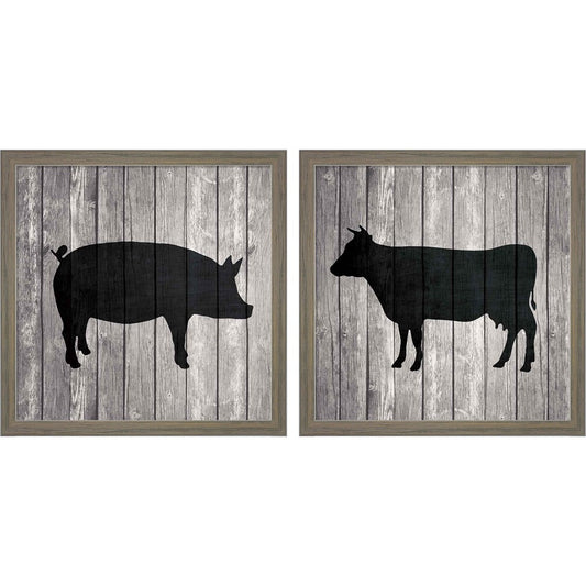 Barn Pig & Cow by Tandi Venter, 2 Piece Rustic Grey Framed Art Set