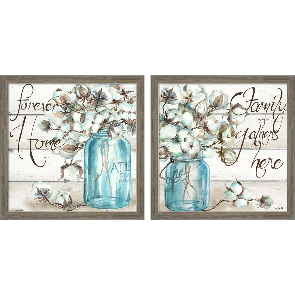 Cotton Boll Mason Jar Home by TRE Sorelle Studios, 2 Piece Rustic Grey Framed Art Set