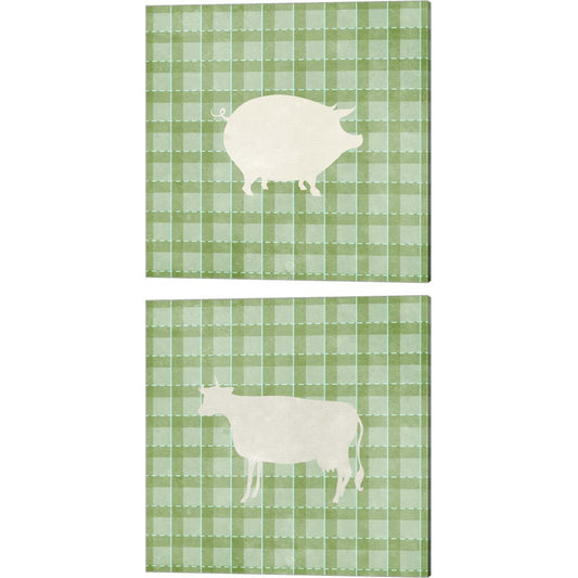 Farm Pig & Cow on Plaid by Elizabeth Medley, 2 Piece Canvas Art Set