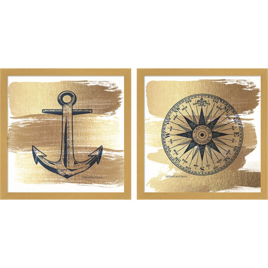 Brushed Gold Anchor & Compass Rose by Bluebird Barn, 2 Piece Natural Framed Art Set