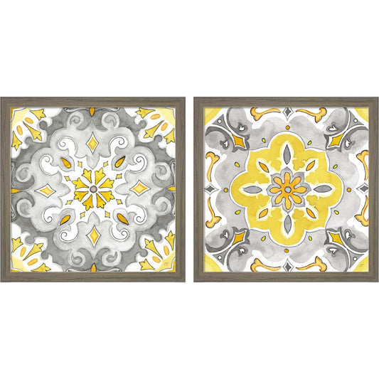 Jewel Medallion Yellow Gray A by Cynthia Coulter, 2 Piece Rustic Grey Framed Art Set