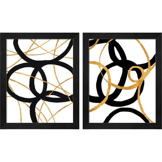 Black and Gold Stroke by Megan Morris, 2 Piece Black Framed Art Set