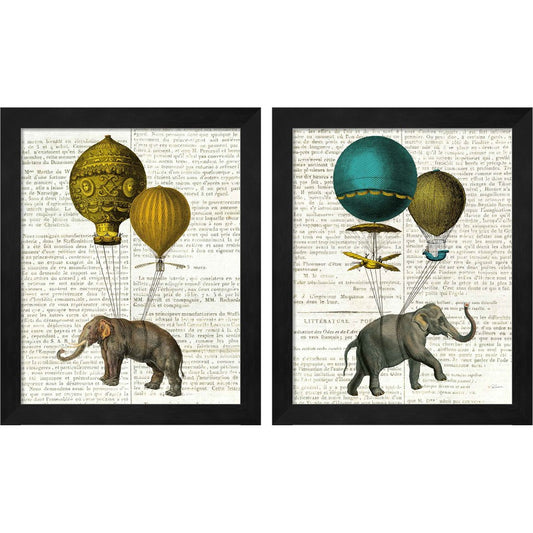 Elephant Ride v2 Newsprint by Sue Schlabach, 2 Piece Black Framed Art Set