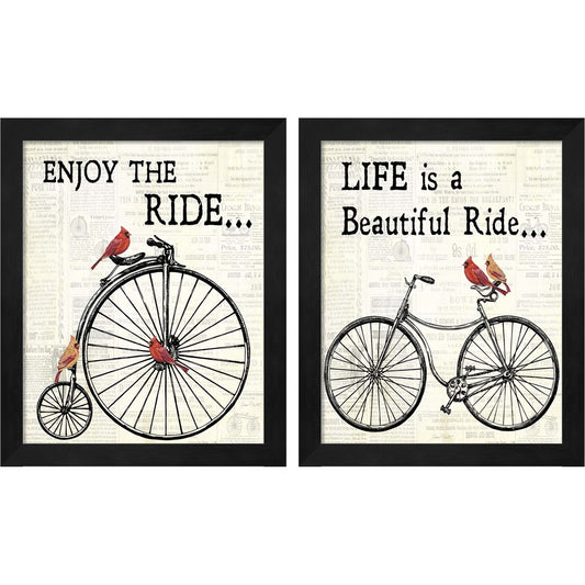 Bicycle With Cardinals by Jean Plout, 2 Piece Black Framed Art Set