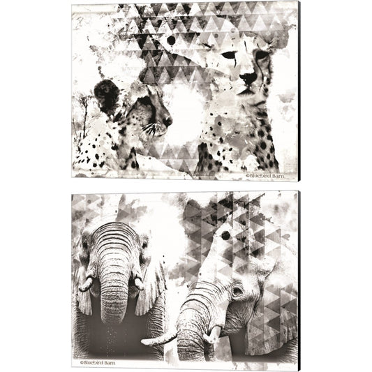 Modern Black & White Cheetahs & Elephants by Bluebird Barn, 2 Piece Canvas Art Set